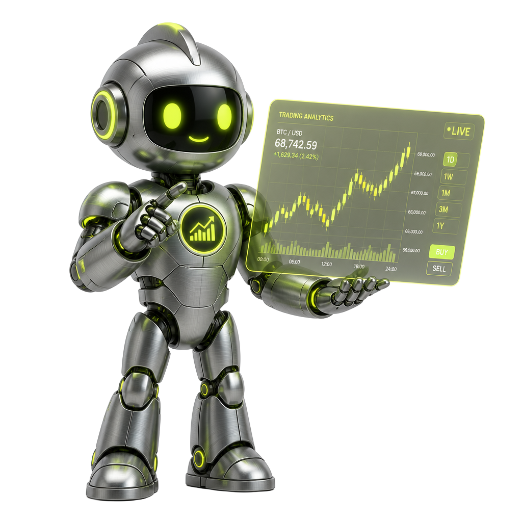 Robot analyst mascot presenting a NordicFX trading chart